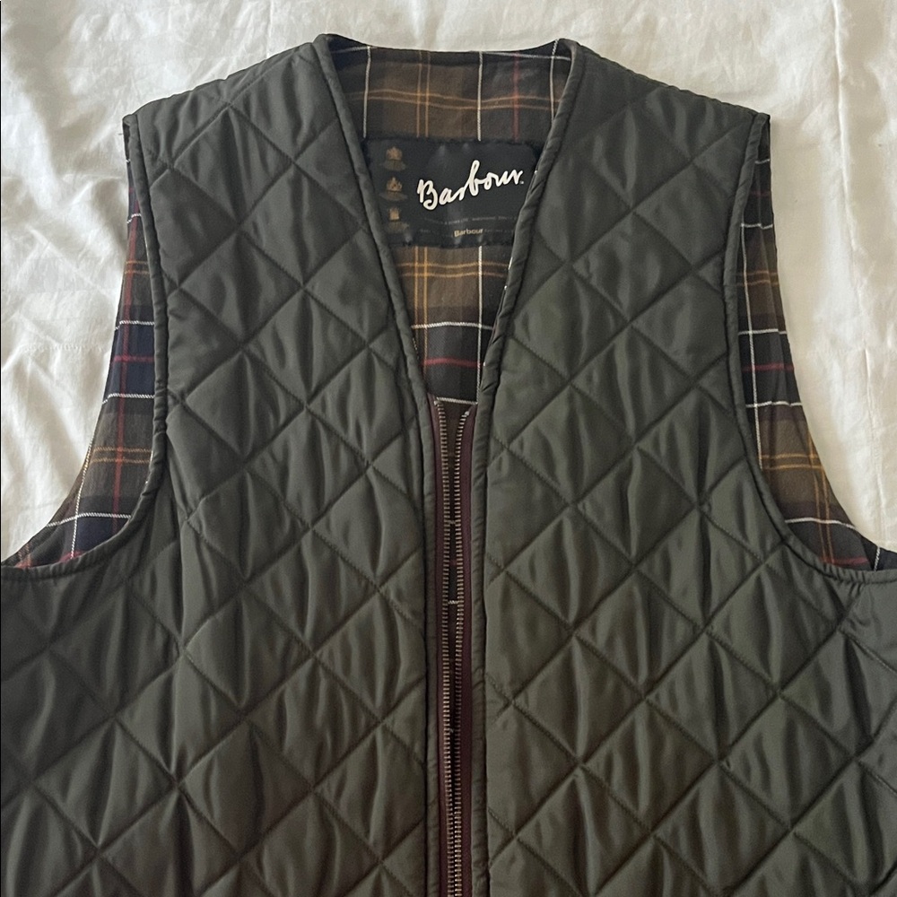Barbour Olive Quilted Vest with Plaid Lining